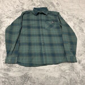 Fintech Shirt Mens Size L Green Plaid Flannel Button Up Long Sleeve